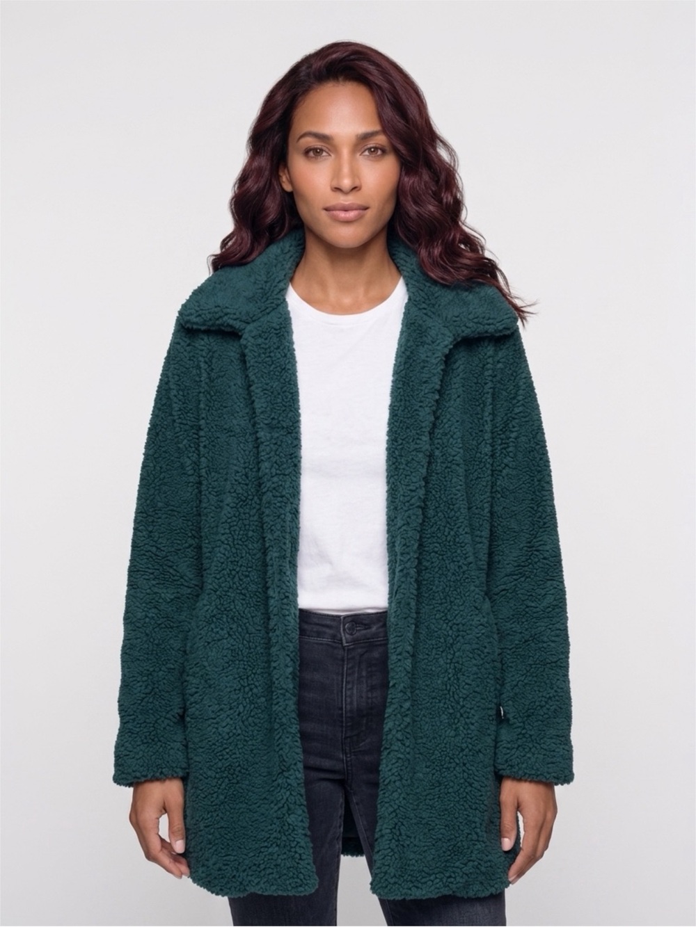 Kate & Sam Emerald Green Teddy Bear Coat Women L Sherpa Fleece Jacket Open Fronl